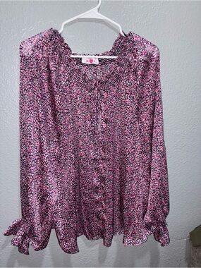 Buddy Love a pink and purple floral blouse with smocked keyhole detailing sheer.